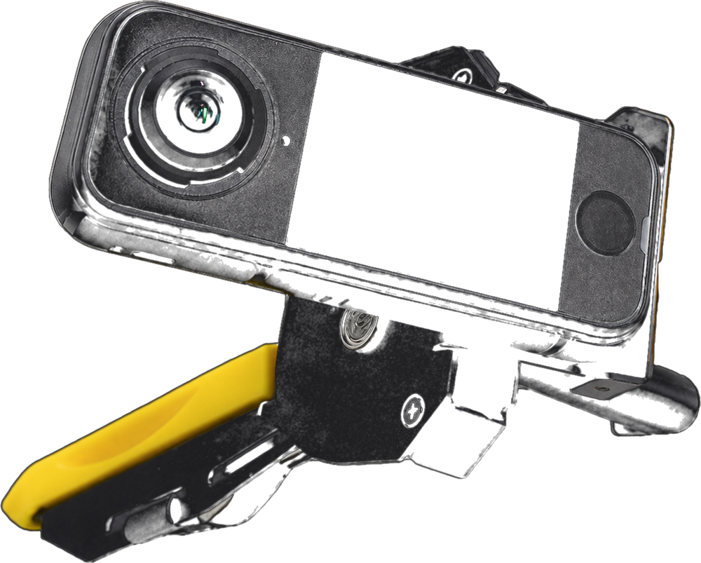 The handheld capture rig: a 360° camera above a gripper with yellow jaws, on a handle