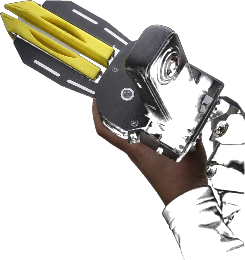 The gripper jaws open, seen from the front